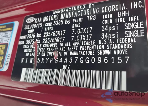 2016 Kia Sorento 2.4L Lx z USA, uszkodzony, nr VIN 5XYPG4A37GG096157